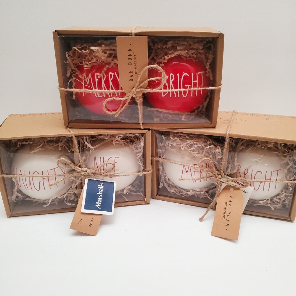 Rae Dunn Ceramic Christmas Ornaments MERRY, BRIGHT, NAUGHTY, NICE Red and White